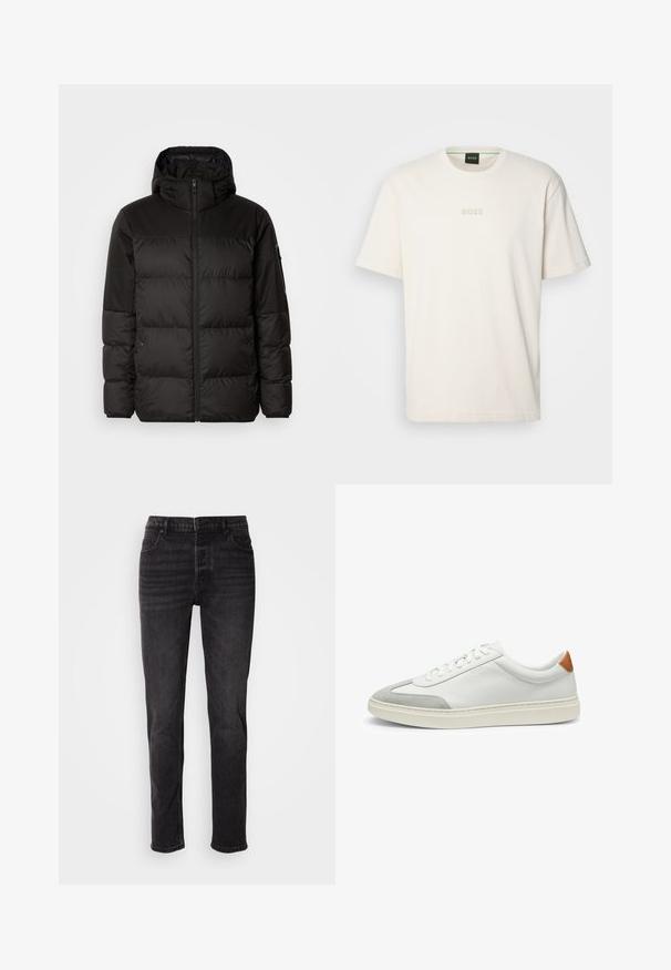 Schwarze Pufferjacke mit Reißverschluss, Kapuze, gesteppten Abschnitten und elastischen Bündchen, hergestellt aus einem glatten, wasserabweisenden Material.; BOSS TEE - T-Shirt basic - open white; Schwarze Jeans aus Denim im geraden Schnitt, mit Fronttaschen, Knopfverschluss und subtilem Verblassen des Stoffes.; Weiße Leder-Sneaker mit grauen Wildlederakzenten und einer sandfarbenen Lederfersenschlaufe. Sie verfügen über eine strukturierte Oberfläche und eine leichte Sohle.