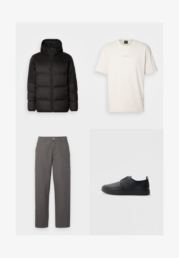 A jaqueta puffer preta apresenta um fecho zip, um capuz, secções acolchoadas e punhos elásticos, confeccionada em um material liso e resistente à água.; BOSS TEE - T-shirt básica - open white; Calças de algodão cinzentas com um design de pernas retas, apresentando um fecho frontal com botão e zip, além de bolsos laterais. Textura suave, sem padrões.; Sapatilha de couro preta com um acabamento liso, bico arredondado, costura ton sur ton, frente com atacadores e sola plana de borracha. Alça no calcanhar.