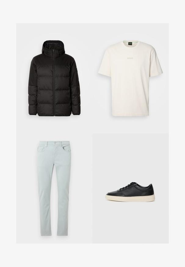 A fekete steppelt dzseki cipzáros záródással, kapucnival, steppelt részekkel és rugalmas mandzsettákkal rendelkezik, sima, vízálló anyagból készült.; BOSS TEE - Basic póló - open white; Világoskék denim nadrág slim fit szabásban, öt zsebbel és elöl gombos záródással. Simás textúra diszkrét varrási részletekkel.; Fekete, alacsony szárú bőrsneaker fekete fűzőkkel és törtfehér talppal, oldalnézetben, fehér háttér előtt.