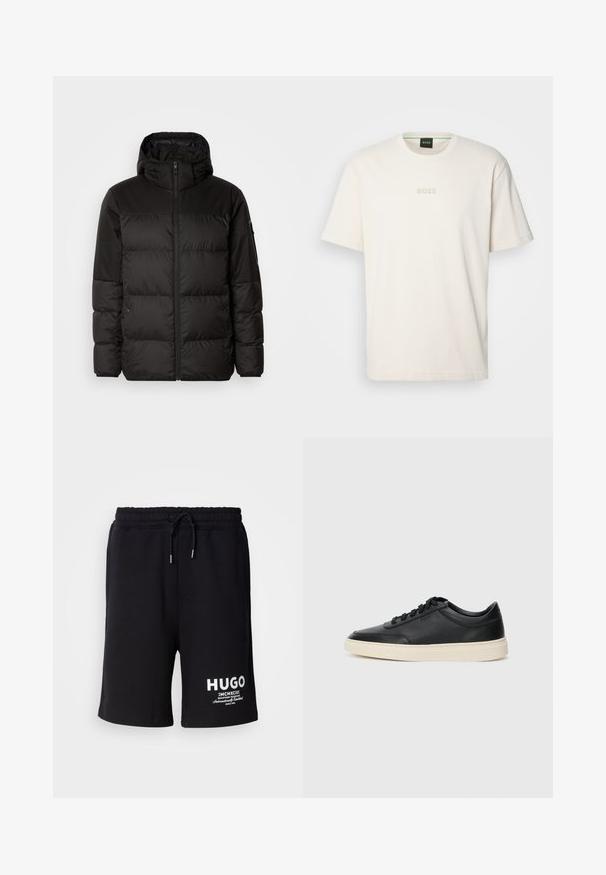 Juodas pūkinis švarkas turi užtrauktuką, gobtuvą, siūlinčius skyrius ir elastinius rankogalius, pagamintas iš lygaus, vandeniui atsparaus medžiagos.; BOSS TEE - Paprasti marškinėliai - open white; Juodi medvilniniai šortai su elastinga juosmens juosta ir raišteliu. Baltas "HUGO" logotipas kairėje kojoje. Paprastas dizainas, iki kelių ilgio.; Juoda žema viršutinė odinė sportbačiai su juodais raišteliais ir kreminiu padu, pateikti šoniniame profilyje ant baltos fono.