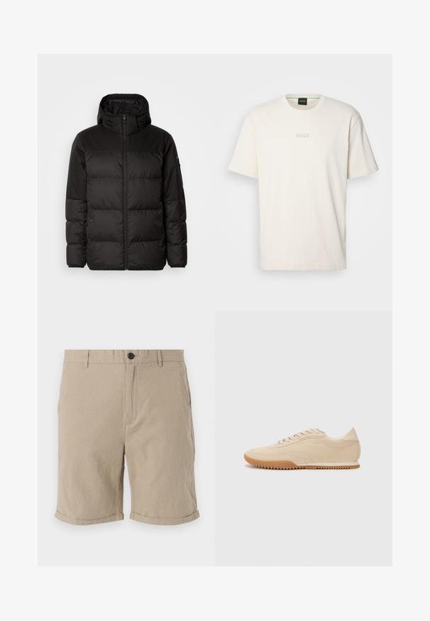 La chaqueta acolchada negra tiene un cierre de cremallera, capucha, secciones acolchadas y puños elásticos, hecha de un material suave y resistente al agua.; BOSS TEE - Camiseta básica - open white; Shorts de lino beige con cierre de botón, parte frontal plana, bolsillos laterales y dobladillos enrollados, que presentan una tela texturizada para mayor transpirabilidad.; Zapatillas de ante beige con un diseño aerodinámico, que presentan un upper texturizado, puntera redondeada y una suela de goma con un patrón de zigzag.