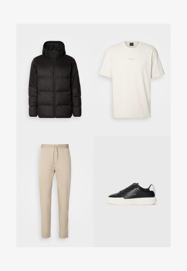 Černá péřová bunda má zipový uzávěr, kapuci, prošívané části a elastické manžety, vyrobená z hladkého, voděodolného materiálu.; BOSS TEE - Jednoduché tričko - open white; Beige kalhoty s elastickým pasem a šňůrkou. Mají rovný střih a jsou vyrobeny z hladké tkaniny.; Černé kožené tenisky s bílou gumovou podrážkou. Vyznačují se kulatou špičkou, šněrovacím designem a detailem loga na boku. Zadní akcent je bílý.
