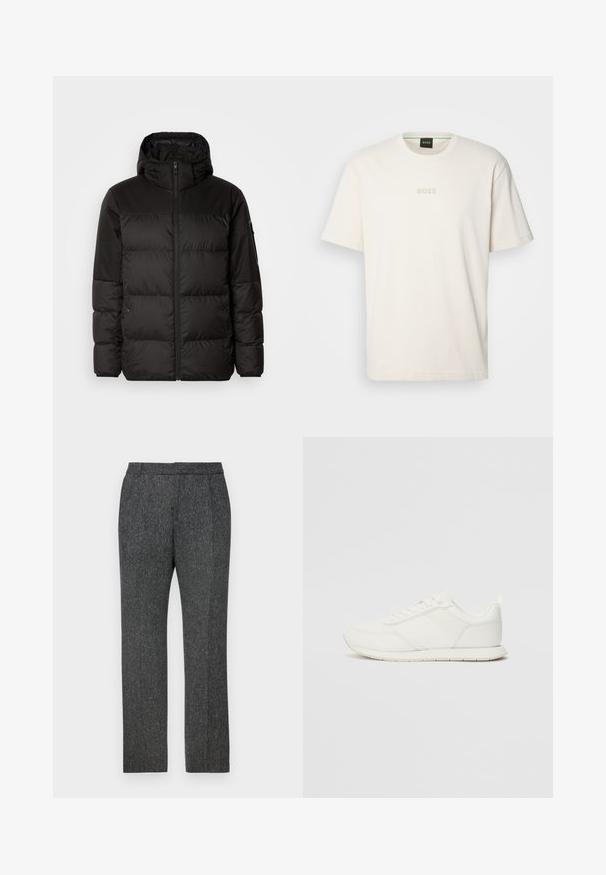 Black puffer jacket features a zip closure, a hood, quilted sections, and elastic cuffs, made from a smooth, water-resistant material.; BOSS TEE - Basic T-shirt - open white; Tailored gray trousers made of textured fabric with a subtle pattern, featuring a straight leg design and a standard waistband.; White sneaker with a mesh and synthetic upper, round toe, flat laces, and a textured side stripe. Rubber sole with a pull tab at the back.