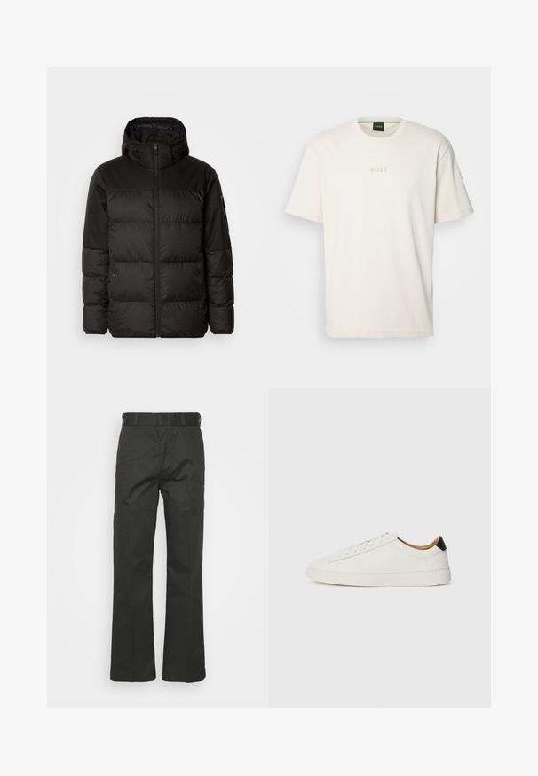 Crna puf jakna ima zatvaranje na zip, kapuljaču, kviltane dijelove i elastične manžete, izrađena je od glatkog, vodootpornog materijala.; BOSS TEE - Osnovna majica kratkih rukava - open white; Crne hlače od glatkog materijala, s ravnim krojem, petljama za remen i vidljivim šavovima. Bez džepova ili uzoraka.; Bijela tenisica s glatkim kožnim gornjištem, okruglim vrhom i ravnim potplatom. Crni akcent na peti, s tonu zavozicama i minimalnim brendiranjem.