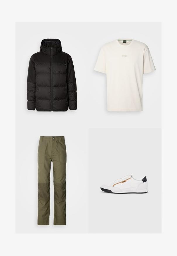 A jaqueta puffer preta apresenta um fecho zip, um capuz, secções acolchoadas e punhos elásticos, confeccionada em um material liso e resistente à água.; BOSS TEE - T-shirt básica - open white; Calças verde-oliva com corte reto, apresentando remendos reforçados nos joelhos, dois bolsos frontais e um fecho de botão na cintura.; Tênis atléticos brancos com detalhes em malha e couro. Apresenta um logotipo dourado "BOSS", painéis laterais texturizados e um capô de calcanhar preto. Sola em borracha.