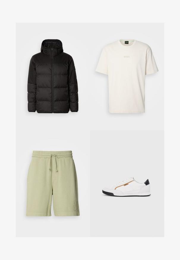 Crna puf jakna ima zatvaranje na zip, kapuljaču, kviltane dijelove i elastične manžete, izrađena je od glatkog, vodootpornog materijala.; BOSS TEE - Osnovna majica kratkih rukava - open white; Svijetlozeleni kratki hlače od mješavine pamuka s elastičnom strukom i prilagodljivom vezicom. Ima bočne džepove i izvezeni logotip na nozi.; Bijele atletske tenisice s mrežastim i kožnim detaljima. Imaju zlatni "BOSS" logo, teksturirane bočne panele i crnu kapicu na peti. Gumeni potplat.