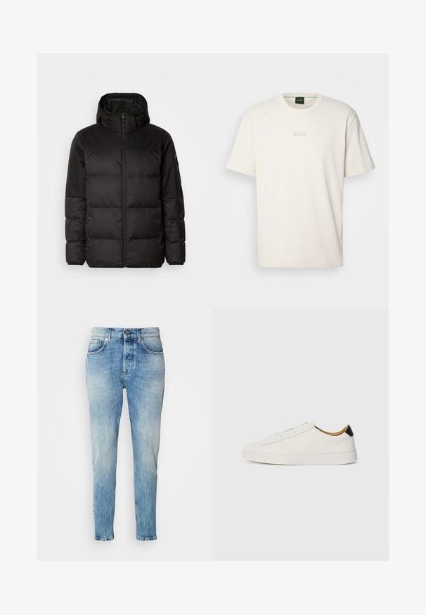 Czarna kurtka puchowa z zapięciem na zamek, kapturem, pikowanymi sekcjami i elastycznymi mankietami, wykonana z gładkiego, wodoodpornego materiału.; BOSS - T-shirt basic; Jasnoniebieskie dżinsy o wyblakłym wykończeniu, prostym kroju, pięciu kieszeniach i metalowym zapięciu. Delikatne przetarcia w okolicy bioder.; Białe sneakersy z gładką skórzaną cholewką, okrągłym noskiem i płaską podeszwą. Czarny akcent na pięcie, z tonowymi sznurowadłami i minimalnym brandingiem.