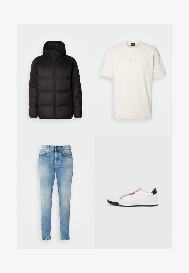 Czarna kurtka puchowa z zapięciem na zamek, kapturem, pikowanymi sekcjami i elastycznymi mankietami, wykonana z gładkiego, wodoodpornego materiału.; BOSS - T-shirt basic; Jasnoniebieskie dżinsy o wyblakłym wykończeniu, prostym kroju, pięciu kieszeniach i metalowym zapięciu. Delikatne przetarcia w okolicy bioder.; Białe buty sportowe z siateczkowymi i skórzanymi akcentami. Posiadają złote logo "BOSS", teksturowane boczne panele i czapkę pięty w kolorze czarnym. Gumowa podeszwa.