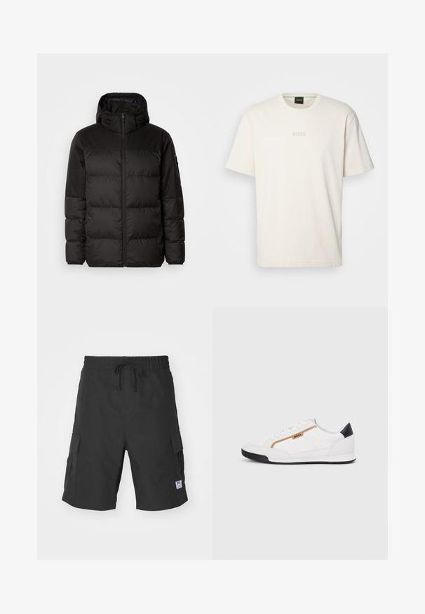 Mustikas puffer-jakk sisaldab tõmblukku, kapuutsi, tikandiga osi ja elastseid mansette, valmistatud siledast veekindlast materjalist.; BOSS TEE - Lihtne T-särk - open white; Mustad mustad lühikesed püksid, mis on valmistatud vastupidavast kangast, elastse vöökoha ja paelaga, küljetaskutega ja plaastrimärgisega aktsendiga.; Valged sportlikud jalatsid, millel on võrkkangas ja nahkdetailid. Omab kuldset "BOSS" logo, tekstureeritud külgpaneele ja musta kontsakaant. Kummist tallad.