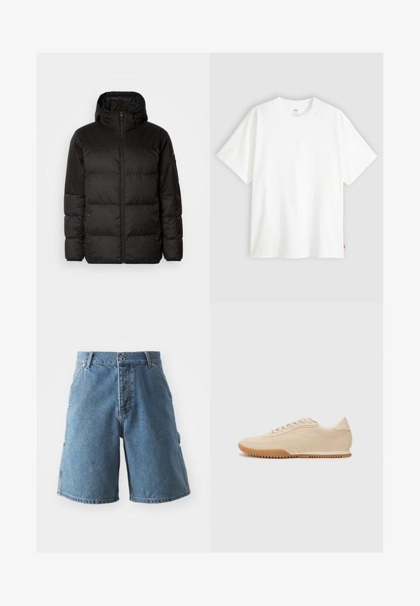 A fekete steppelt dzseki cipzáros záródással, kapucnival, steppelt részekkel és rugalmas mandzsettákkal rendelkezik, sima, vízálló anyagból készült.; Fehér, rövid ujjú pamut póló, kerek nyakkivágással. Az elülső részen finom, domború logós részlet található, valamint egy piros cimke az alsó szegélyen.; Világoskék farmernadrág, amely klasszikus öt zsebes kialakítással, gombos záródással és egyenes fazonnal rendelkezik. Az anyag lágy tapintású, enyhén kopott hatású.; Beige velúr sportcipők letisztult dizájnnal, textúrázott felsőrésszel, kerek orral és zig-zag mintázattal ellátott gumitalppal.