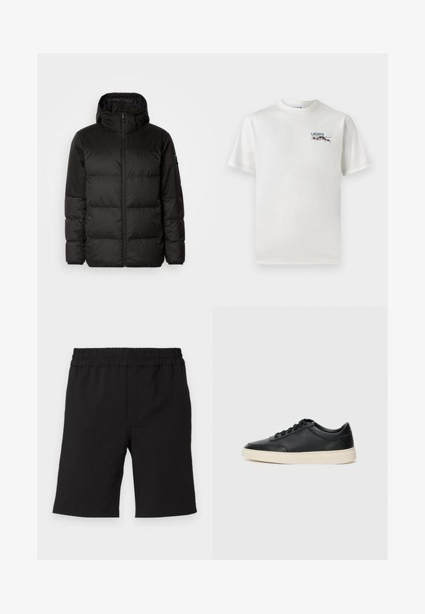 Crna puf jakna ima zatvaranje na zip, kapuljaču, kviltane dijelove i elastične manžete, izrađena je od glatkog, vodootpornog materijala.; Bijela pamučna majica s okruglim izrezom, kratkim rukavima i malim izvezenim logotipom koji prikazuje planine i tekst na lijevoj strani grudi.; Crne hlače kratke, napravljene od udobnog materijala s elastiko u struku. Jednostavan dizajn, ravnog kroja, prikladne za svakodnevno nošenje.; Crne niske kožne tenisice s crnim vezicama i kremasto bijelom potplatom prikazane u bočnom profilu na bijeloj pozadini.