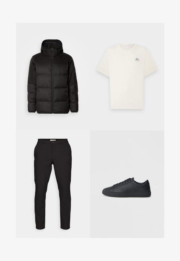 A fekete steppelt dzseki cipzáros záródással, kapucnival, steppelt részekkel és rugalmas mandzsettákkal rendelkezik, sima, vízálló anyagból készült.; Tejkrémszínű, rövid ujjú pamut póló, bal oldalon egy kis, színes kerékpár grafikával.; Fekete, slim fit fazonú, szabott nadrág. Cipzáras felső rész, gombos záródás, oldalsó zsebek és sima, könnyű anyag jellemzi.; Fekete sportcipők sima bőrből, alacsony szárú kivitelben, kerek orral és lapos gumitalppal. Zsinóros rögzítéssel és diszkrét márkajelzéssel rendelkezik.