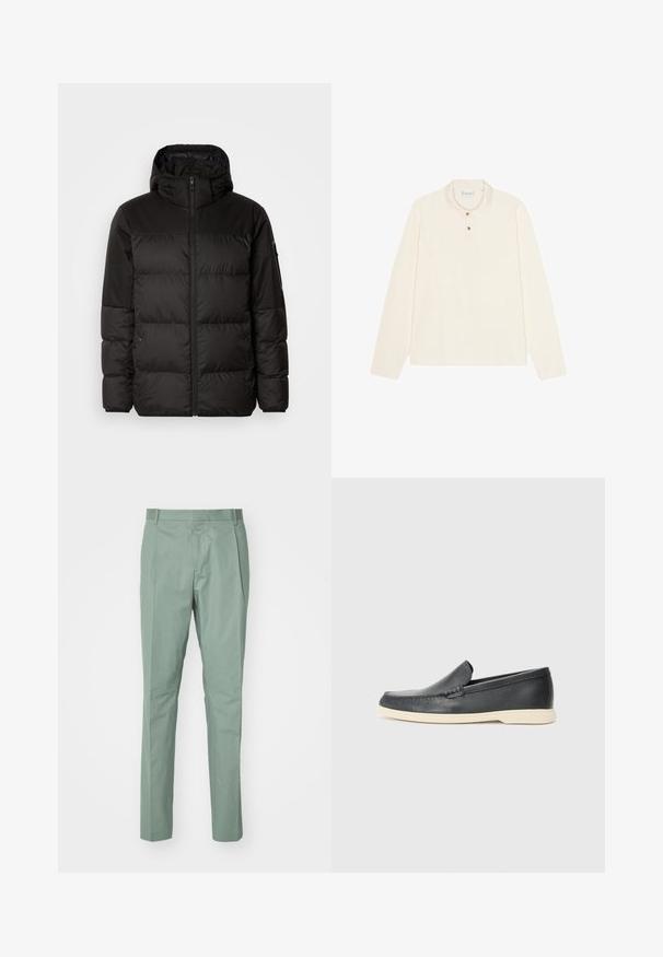 Black puffer jacket features a zip closure, a hood, quilted sections, and elastic cuffs, made from a smooth, water-resistant material.; Long-sleeve polo shirt in cream, featuring a flat collar, three-button placket with gold-tone buttons, and a soft, textured fabric.; Light green pants with a straight cut, featuring a flat front, two side pockets, and a smooth fabric texture. No visible patterns or hardware.; Black leather slip-on loafers with a textured finish and a contrasting beige rubber sole. Features a subtle accent along the front.