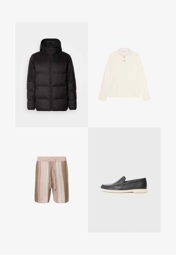 A jaqueta puffer preta apresenta um fecho zip, um capuz, secções acolchoadas e punhos elásticos, confeccionada em um material liso e resistente à água.; Camisa polo de manga longa em creme, com gola plana, placket de três botões com botões em tom dourado e um tecido macio e texturizado.; Calções de banho de malha bege com riscas horizontais em tons mais claros, cintura elástica com cordão e tecido texturizado.; Mocassins pretos em couro com acabamento texturizado e sola de borracha bege em contraste. Apresenta um detalhe subtil na parte da frente.