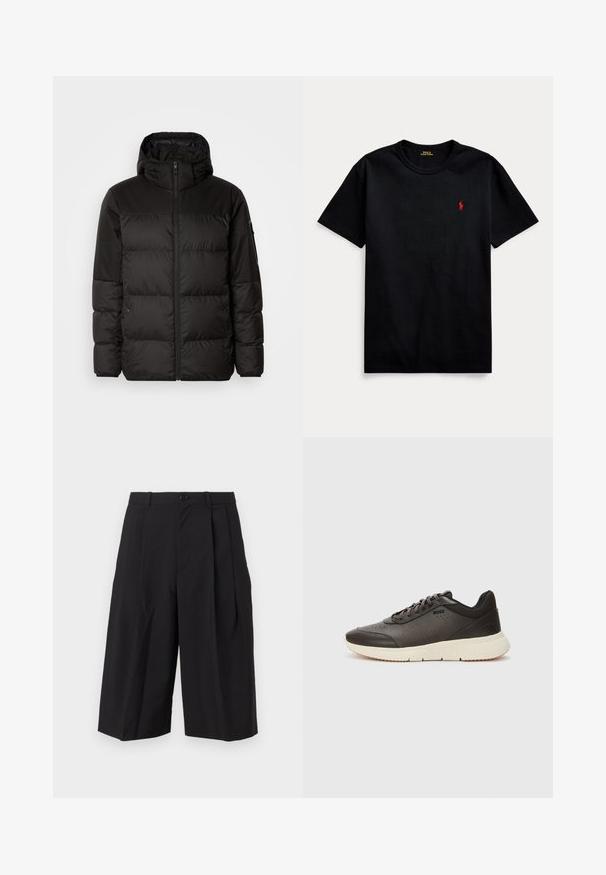 Svart puffjacka med blixtlås, huva, quiltade sektioner och elastiska mudd, tillverkad av ett slätt, vattentåligt material.; Svart bomullströja med korta ärmar, rund hals och liten röd broderad logotyp på vänster bröst. Slät textur, avslappnad design.; Svarta plisserade shorts i ett tyg med en slät textur, med framknäppning och vida, löst sittande ben.; Mörkbruna sneakers med ett texturerat läderövre, perforerade detaljer och en lätt krämfärgad sula. Har snören och subtil branding.