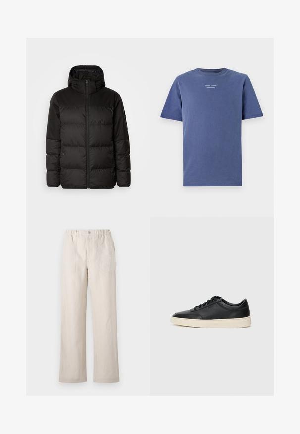 Μαύρο μπουφάν με φερμουάρ, κουκούλα, παραγεμισμένα τμήματα και ελαστικές μανσέτες, κατασκευασμένο από λείο, αδιάβροχο υλικό.; Ναυτικό μπλε μπλούζα κοντομάνικη φτιαγμένη από βαμβάκι. Διαθέτει στρογγυλή λαιμόκοψη και μικρό λευκό κείμενο στο στήθος: "SAMSØE SAMSØE COPENHAGEN."; Belstaff FORGE - Παντελόνι - stone beige; Μαύρο δερμάτινο σνίκερ χαμηλού προφίλ με μαύρες κορδόνες και ελαφρώς λευκή σόλα, εμφανίζεται σε πλάγια προφίλ σε λευκό φόντο.