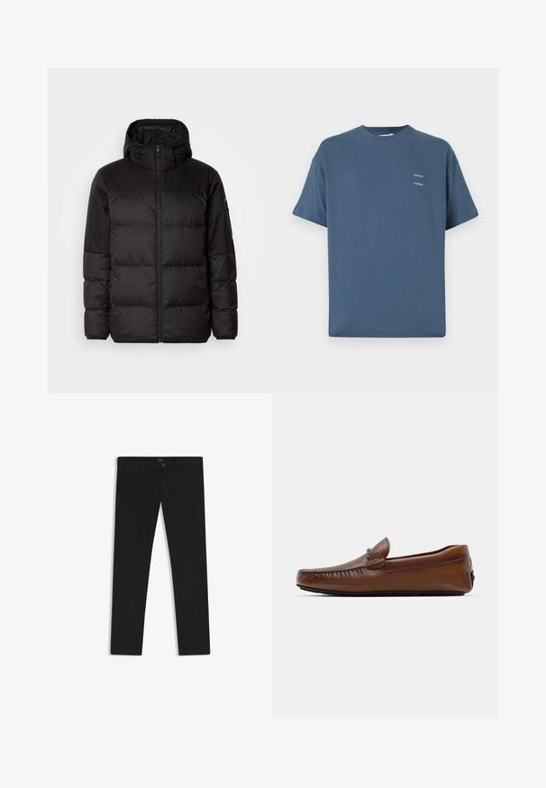 Black puffer jacket features a zip closure, a hood, quilted sections, and elastic cuffs, made from a smooth, water-resistant material.; Blue cotton t-shirt with a classic crew neck, short sleeves, relaxed fit, and two small printed logos on the chest. Smooth texture.; Black trousers made of fabric with a smooth texture. Features a button closure, belt loops, and side pockets. Standard straight-leg design.; Brown leather loafers with a rounded toe, stitched accents, and a small emblem on the side. The sole is flat and textured for grip.