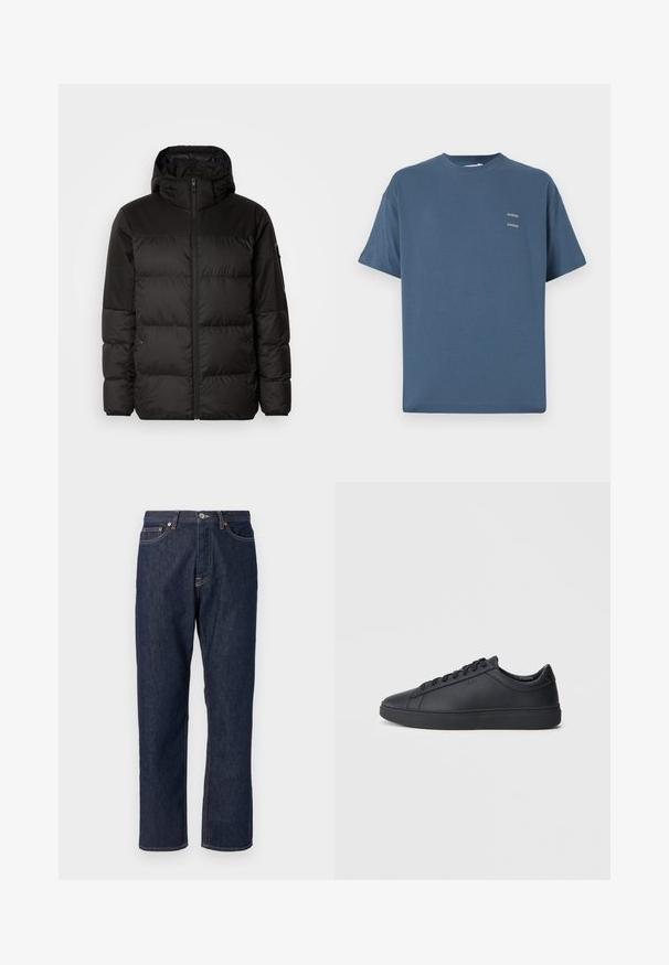 Melna pūkainā jakā iezīmes ir rāvējslēdzēja aizdare, kapuce, kvadrātveida šuves un elastīgas aproces, izgatavota no gludas, ūdensizturīgas vielas.; Zilas kokvilnas T-krekls ar klasisku apaļu kaklu, īsām piedurknēm, brīvu piegriezumu un diviem maziem apdrukātiem logo uz krūtīm. Gluda tekstūra.; Tumši zila džinsu auduma bikses ar taisna kāju dizainu. Satur pogu un rāvējslēdzēju, piecas kabatas un kontrastējošas dūriena detaļas.; Melnas kedas no gludas ādas ar zemu adatu dizainu, apaļu purngalu un plakanu gumijas zoli. Satur auklas un diskrētu zīmolu.