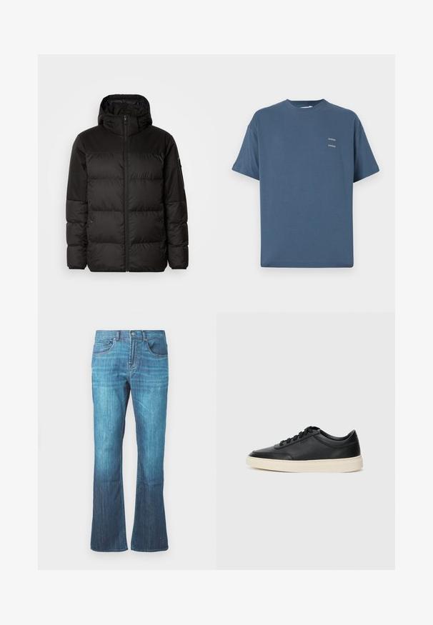 La doudoune noire est dotée d'une fermeture éclair, d'une capuche, de sections matelassées et de poignets élastiques, fabriquée à partir d'un matériau lisse et résistant à l'eau.; T-shirt en coton bleu avec col rond classique, manches courtes, coupe décontractée et deux petits logos imprimés sur la poitrine. Texture lisse.; Jeans en denim lavé bleu moyen avec un léger évasement en bas, design classique à cinq poches, et fermeture à bouton et à zipper à l'avant.; Baskets en cuir noires à tiges basses avec lacets noirs et semelle ivoire, présentées en profil latéral sur fond blanc.