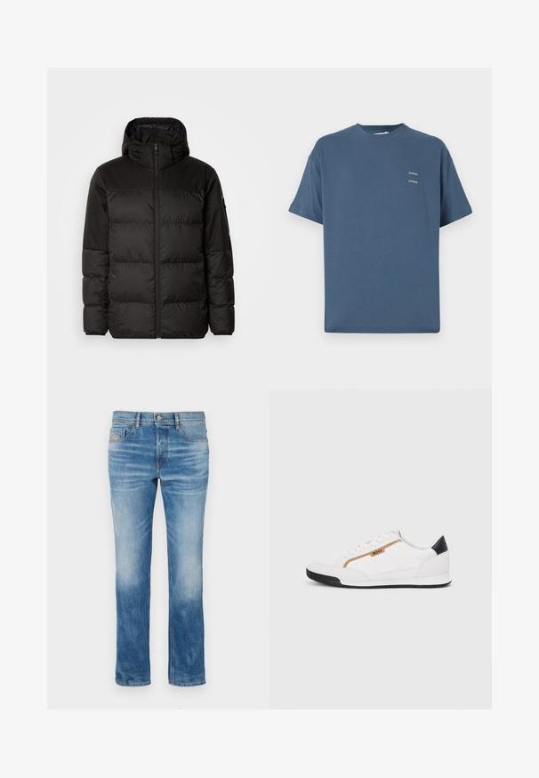 Juodas pūkinis švarkas turi užtrauktuką, gobtuvą, siūlinčius skyrius ir elastinius rankogalius, pagamintas iš lygaus, vandeniui atsparaus medžiagos.; Mėlynas medvilninis marškinėliai su klasikinėmis apvalia kaklo iškirpte, trumpomis rankovėmis, laisvu siluetu ir dviem mažais atspausdintais logotipais ant krūtinės. Lygi tekstūra.; Šviesiai mėlynos džinsinės kelnės su tiesiu stiliumi, penkiais kišenėmis ir šiek tiek nusidėvėjimu šalia kelių. Papuoštos oranžinėmis siūlėmis ir mygtuko uždarymu.; Balti sportiniai bateliai su tinklinėmis ir odinėmis detalėmis. Yra auksinė "BOSS" logotipas, tekstūruoti šonai ir juodas kulno dangtelis. Guminis padas.