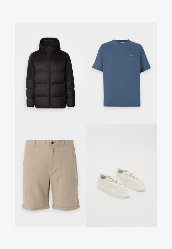 Black puffer jacket features a zip closure, a hood, quilted sections, and elastic cuffs, made from a smooth, water-resistant material.; Blue cotton t-shirt with a classic crew neck, short sleeves, relaxed fit, and two small printed logos on the chest. Smooth texture.; Beige linen shorts with a button closure, flat front, side pockets, and rolled hems, featuring a textured fabric for breathability.; Pair of off-white low-top sneakers with beige accents, thick soles, and white laces on a plain white background.