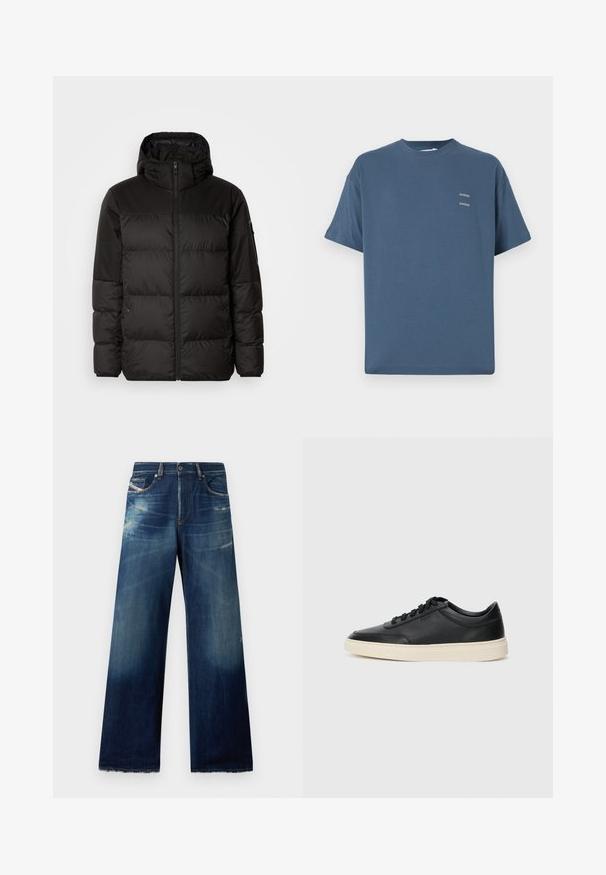 Czarna kurtka puchowa z zapięciem na zamek, kapturem, pikowanymi sekcjami i elastycznymi mankietami, wykonana z gładkiego, wodoodpornego materiału.; Niebieska bawełniana koszulka z klasycznym okrągłym dekoltem, krótki rękaw, luźny krój i dwa małe nadrukowane logo na piersiach. Gładka tekstura.; Szerokie dżinsy w kolorze ciemnoniebieskim z wyblakłymi obszarami, przetarciami i postrzępionymi dołami. Cztery kieszenie i zapięcie na guzik.; Czarne niskie skórzane sneakersy z czarnymi sznurówkami i off-white podeszwą, prezentowane w profilu bocznym na białym tle.