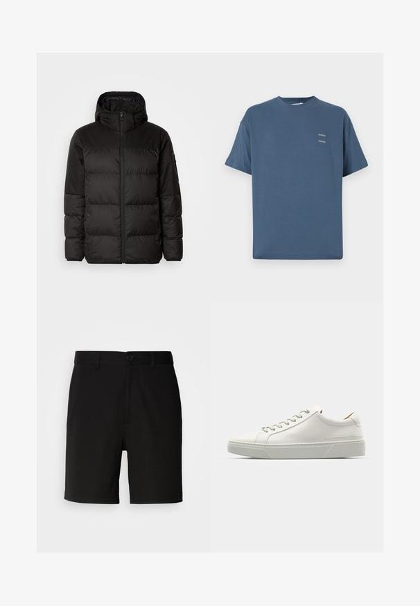 Black puffer jacket features a zip closure, a hood, quilted sections, and elastic cuffs, made from a smooth, water-resistant material.; Blue cotton t-shirt with a classic crew neck, short sleeves, relaxed fit, and two small printed logos on the chest. Smooth texture.; Black shorts made of smooth fabric, featuring a single button closure and belt loops, with straight leg openings and no visible patterns.; White leather sneaker with a rounded toe, minimalist design, grey laces, and a textured grey rubber sole. Subtle stitching details visible.