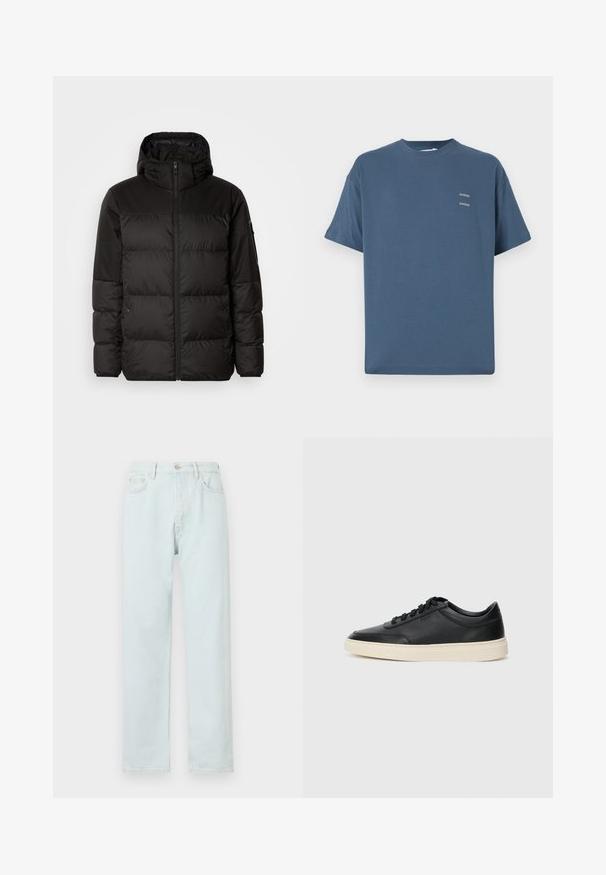 Melna pūkainā jakā iezīmes ir rāvējslēdzēja aizdare, kapuce, kvadrātveida šuves un elastīgas aproces, izgatavota no gludas, ūdensizturīgas vielas.; Zilas kokvilnas T-krekls ar klasisku apaļu kaklu, īsām piedurknēm, brīvu piegriezumu un diviem maziem apdrukātiem logo uz krūtīm. Gluda tekstūra.; Gaiši zili taisnā griezuma džinsi, izgatavoti no denima, ar pogu aizdari, vieglu nodilumu un piecu kabatu dizainu.; Melnas zemas ādas sporta kurpes ar melnām auklām un off-white zoli, rādītas no sānu profila uz baltā fona.