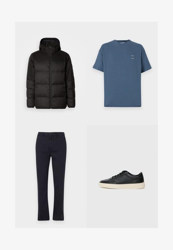 Black puffer jacket features a zip closure, a hood, quilted sections, and elastic cuffs, made from a smooth, water-resistant material.; Blue cotton t-shirt with a classic crew neck, short sleeves, relaxed fit, and two small printed logos on the chest. Smooth texture.; Navy blue cotton trousers with a straight leg design, front zipper, and button closure; features belt loops and side pockets.; Black low-top leather sneaker with black laces and off-white sole shown in side profile on white background.