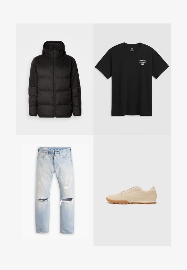 Mustikas puffer-jakk sisaldab tõmblukku, kapuutsi, tikandiga osi ja elastseid mansette, valmistatud siledast veekindlast materjalist.; Must musta t-särk, millel on rinnakrüpt, mis ütleb "KESKKOND" valgel stiliseeritud fontidega ja "Levi's" all. Klassikaline ümar kaelus.; Heledsinine teksapüksid otse lõikega, millel on kulunud kohad ja olulised rebendid põlvedes. Klassikaline viie tasku disain.; Beez Suede spordijalatsid voolujoonelise disainiga, millel on tekstureeritud ülemine osa, ümar toe ning kummist tallaga, millel on sakiline muster.