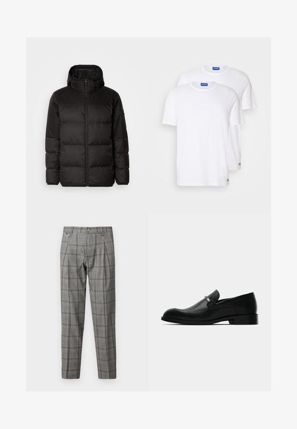 Crna puf jakna ima zatvaranje na zip, kapuljaču, kviltane dijelove i elastične manžete, izrađena je od glatkog, vodootpornog materijala.; Dva obična bijela majice od pamuka, s kratkim rukavima i okruglim izrezima, s plavom logotip oznakom blizu rubova.; Sive karirane hlače s prilagođenim krojem, s prednjim zatvaranjem na dugme, plitkim naborima, bočnim džepovima i metalnim detaljem u obliku petlje.; Muške crne kožne mokasine s detaljima metalne kopče, niskom petom i brendiranim đonom, prikazane sa strane na bijeloj podlozi.