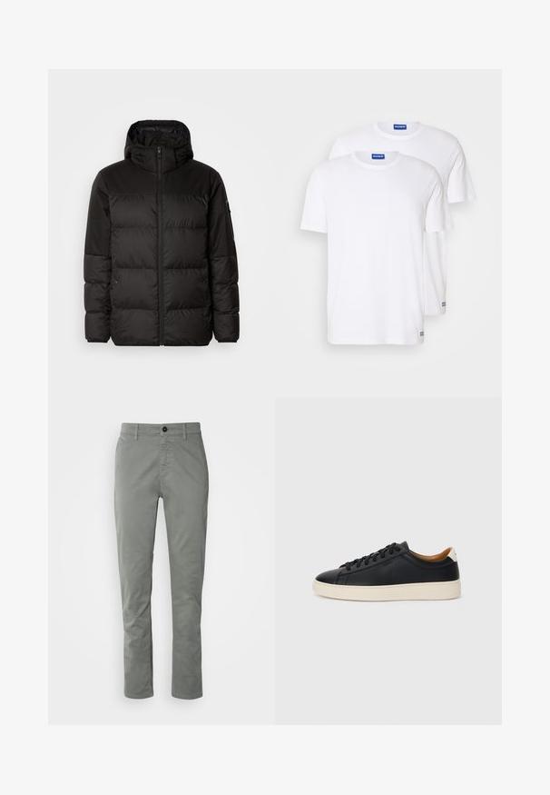 Black puffer jacket features a zip closure, a hood, quilted sections, and elastic cuffs, made from a smooth, water-resistant material.; Two plain white t-shirts made of cotton, featuring short sleeves and round necklines, with a blue logo tag near the hem.; BOSS CHINO - Chinos - open grey; Black leather sneakers with a smooth texture, beige rubber sole, lace-up design, and a contrasting heel accent.