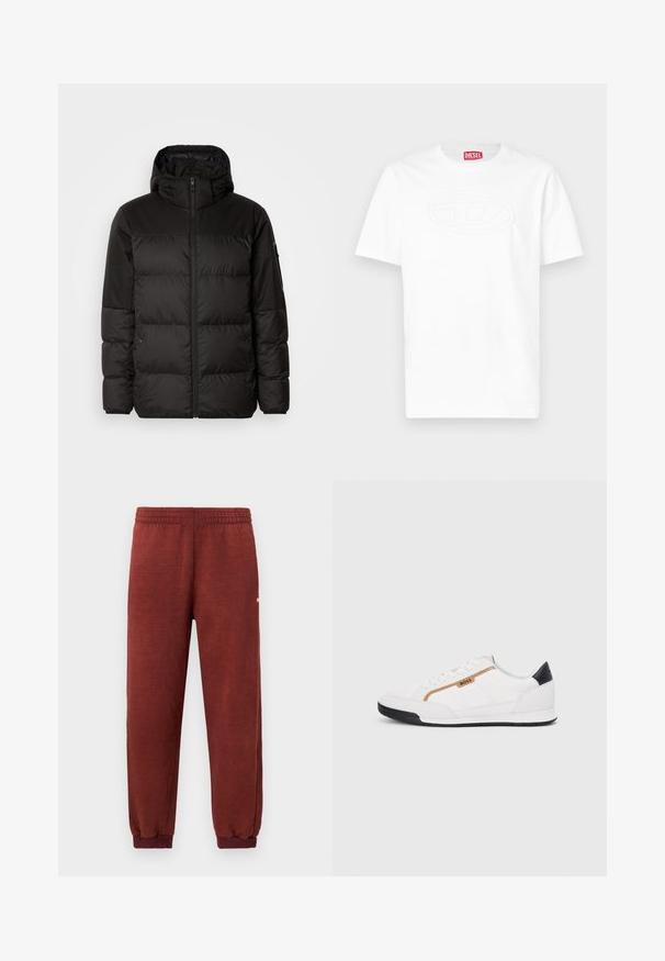 Zwarte pufferjas met ritsluiting, een capuchon, gequiltte secties en elastische manchetten, gemaakt van een glad, waterafstotend materiaal.; Wit T-shirt met korte mouwen en ronde hals, met een reliëf ovaal logo op de borst en een rood Diesel-merklabel aan de binnenkant van de kraag.; Roestkleurige fleece joggingbroek met elastische tailleband en enkelmanchetten, tentoongesteld tegen een witte achtergrond.; Witte sportieve schoenen met gaas- en lederen accenten. Voorzien van een gouden "BOSS" logo, gestructureerde zijpanelen en een zwarte hakkap. Rubberen zool.