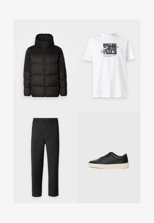 Black puffer jacket features a zip closure, a hood, quilted sections, and elastic cuffs, made from a smooth, water-resistant material.; White cotton t-shirt featuring a black-and-white graphic design with text. Short sleeves and a crew neckline.; Black trousers with a straight cut, made from smooth fabric. Features a button closure and belt loops. No visible patterns or accents.; Black low-top leather sneaker with black laces and off-white sole shown in side profile on white background.