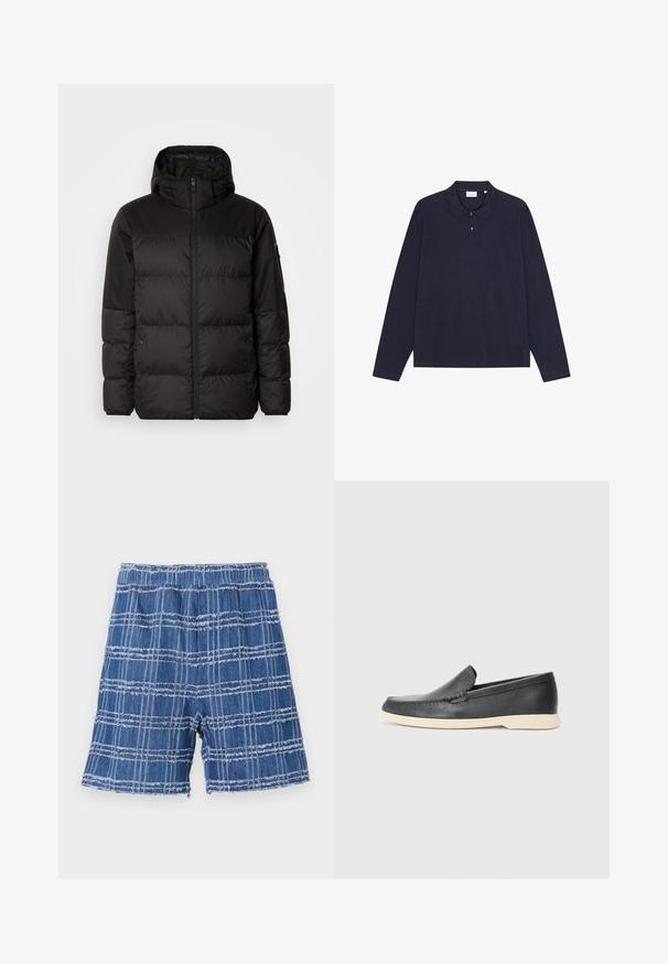 Juodas pūkinis švarkas turi užtrauktuką, gobtuvą, siūlinčius skyrius ir elastinius rankogalius, pagamintas iš lygaus, vandeniui atsparaus medžiagos.; Tamsiai mėlynas medvilninis polo marškinėliai su ilgomis rankovėmis ir apykakle, turintys tris mygtukus ir paprastą tekstūrą. Nėra matomų raštų ar akcentų.; Džinsiniai šortai su nusidėvėjusiu kraštu, turintys mėlyną languotą raštą. Elastingas liemuo, tiesus kirpimas ir minkšta tekstūra.; Juodi odiniai batus be raištelių, turintys tekstūruotą paviršių ir kontrastingą smėlio spalvos gumos padai. Yra subtilus akcentas priekyje.