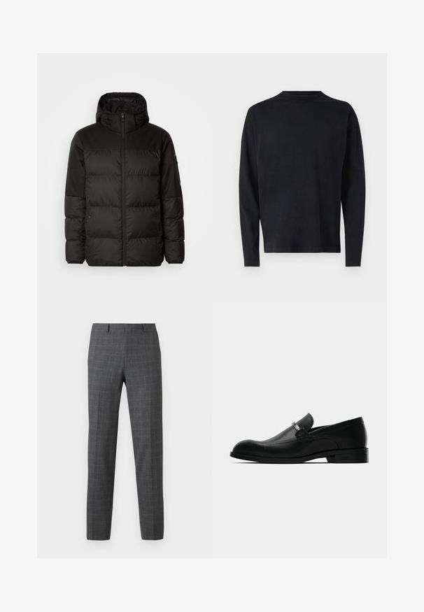 Crna puf jakna ima zatvaranje na zip, kapuljaču, kviltane dijelove i elastične manžete, izrađena je od glatkog, vodootpornog materijala.; Crna košulja dugih rukava izrađena od mekanog materijala. Ima okrugli izrez i spuštena ramena. Glatka tekstura bez vidljivih uzoraka.; Sive karirane hlače s krojem po mjeri, s glatkom teksturom, ravnim nogavicama i suptilnim detaljima šivanja.; Muške crne kožne mokasine s detaljima metalne kopče, niskom petom i brendiranim đonom, prikazane sa strane na bijeloj podlozi.