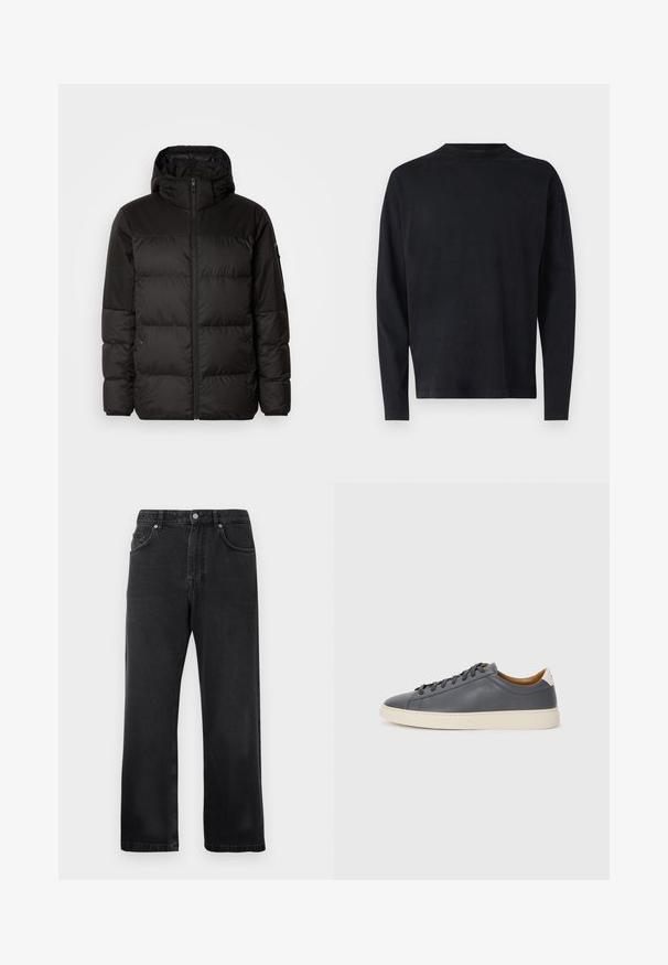 Črna zimska jakna ima zadrgo, kapuco, prešite odseke in elastične manšete, izdelana je iz gladkega, vodoodpornega materiala.; Črna dolga majica z dolgimi rokavi iz mehkega blaga. Ima okroglo izrezano ovratnik in spuščene ramena. Gladka textura brez vidnih vzorcev.; Črne ravne hlače z žepi spredaj, zankami za pas in gumbom na belem ozadju.; Sive usnjene superge z okroglo konico, gumijastim podplatom, ravnimi vezalkami in svetlimi poudarki na peti. Gladka textura in minimalističen dizajn.