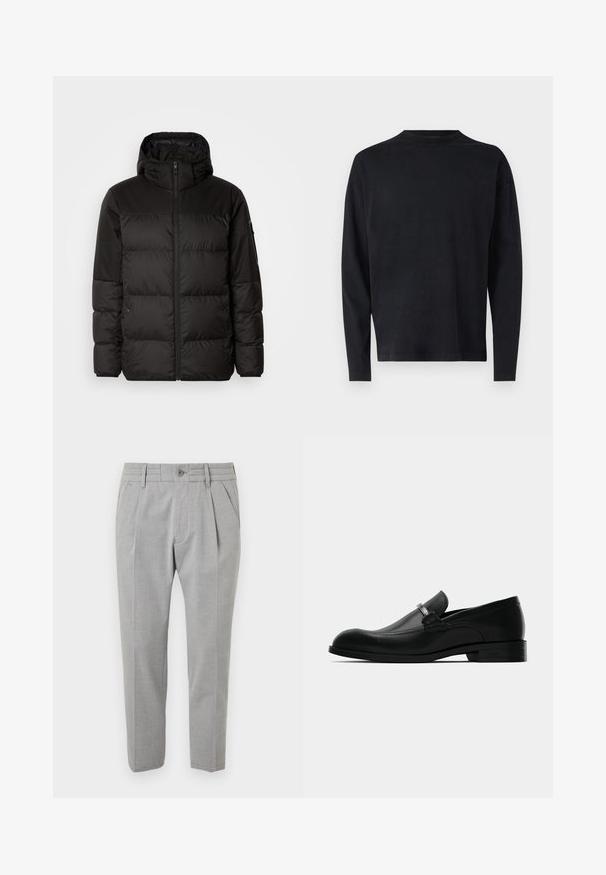 Melna pūkainā jakā iezīmes ir rāvējslēdzēja aizdare, kapuce, kvadrātveida šuves un elastīgas aproces, izgatavota no gludas, ūdensizturīgas vielas.; Melnas garām piedurknēm krekls, kas izgatavots no mīkstas auduma. Iezīmēts ar apaļu kakla izgriezumu un nolaistām plecu līnijām. Gluda tekstūra bez redzamām rakstainēm.; Pelēkas pielāgotas bikses ar gludu faktūru, kas ir ar šķērsgriezuma dizainu, priekšējām kabatām, jostas cilpiņām un pogu aizdari.; Melna ādas vīriešu loafer kurpe ar metāla sprādzi, zemu papēdi un zīmola zoli, attēlota no sāniem uz baltā fona.