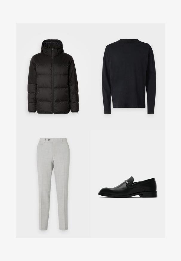 La doudoune noire est dotée d'une fermeture éclair, d'une capuche, de sections matelassées et de poignets élastiques, fabriquée à partir d'un matériau lisse et résistant à l'eau.; Chemise noire à manches longues en tissu doux. Présente un col rond et des épaules tombantes. Texture lisse sans motifs visibles.; Pantalon gris ajusté avec un motif à carreaux subtil, fabriqué en tissu léger. Dispose d'une fermeture à bouton et de poches latérales. Silhouette ajustée.; Mocassins pour hommes en cuir noir avec un détail de boucle en métal, talon bas et semelle marquée, présentés de côté sur un fond blanc.