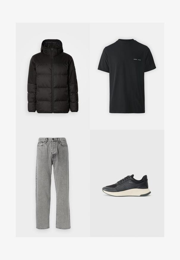 Musta puhvijakku sisältää vetoketjun, hupun, tilkuista koostuvia osioita ja joustavat hihansuut. Se on valmistettu sileästä, vedenpitävästä materiaalista.; Musta puuvillapaita, jossa on klassinen pyöreä kaula-aukko, lyhyet hihat ja kaksi pientä valkoista "SAMSØE"-logoa vasemmassa rinnassa.; Harmaat farkut, suorat lahkeet, joissa on klassinen viiden taskun tyyli, näkyvät ompeleet ja vetoketjulla varustettu nappikiinnitys.; Mustat urheilukengät, joissa on verkkosukkamateriaali, jossa on reikiä, teksturoitu vaahto-osa vaaleassa kremissä ja kumipohja pidon parantamiseksi.