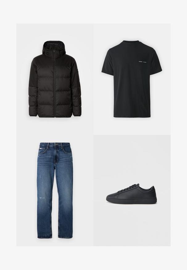 Melna pūkainā jakā iezīmes ir rāvējslēdzēja aizdare, kapuce, kvadrātveida šuves un elastīgas aproces, izgatavota no gludas, ūdensizturīgas vielas.; Melnās kokvilnas T-krekls ar klasisku apaļu kaklu, īsām piedurknēm un diviem maziem baltiem "SAMSØE" logotipiem uz kreisā krūšu.; Zilas džinsu bikses ar taisnu kāju dizainu. Iezīmējas ar izbalējusiem laukumiem un vieglu nolietojumu priekšpusē, kā arī klasisku pogu aizdari.; Melnas kedas no gludas ādas ar zemu adatu dizainu, apaļu purngalu un plakanu gumijas zoli. Satur auklas un diskrētu zīmolu.