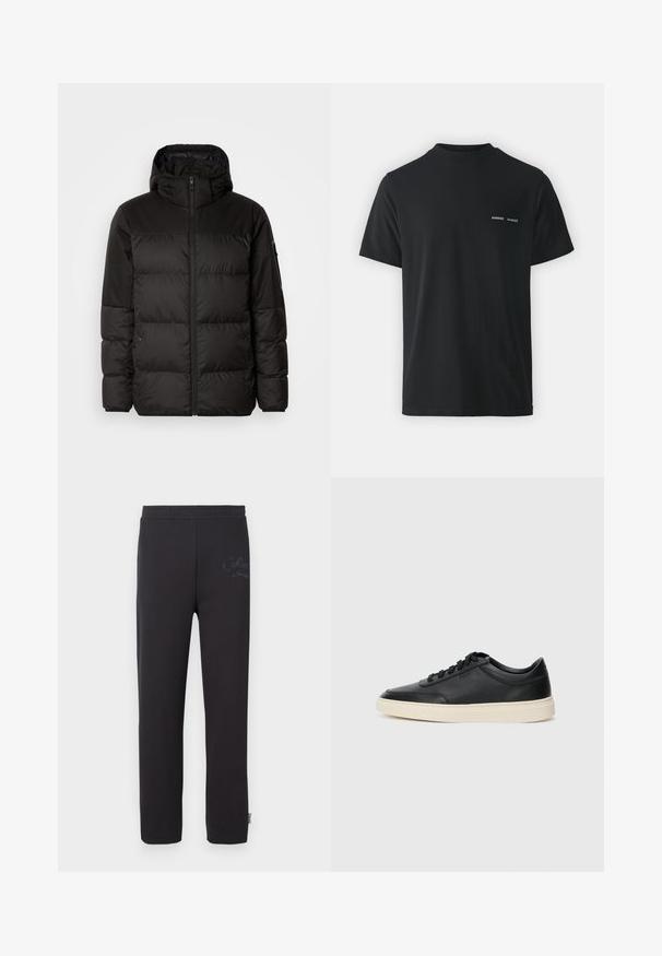 La chaqueta acolchada negra tiene un cierre de cremallera, capucha, secciones acolchadas y puños elásticos, hecha de un material suave y resistente al agua.; Camiseta de algodón negra con cuello redondo clásico, mangas cortas y dos pequeños logotipos blancos "SAMSØE" en el pecho izquierdo.; Pantalones de chándal negros con cintura elástica, que cuentan con un sutil logo impreso en el muslo izquierdo y un diseño de pierna recta.; Zapatilla negra de piel de caña baja con cordones negros y suela color crema, mostrada en perfil lateral sobre fondo blanco.