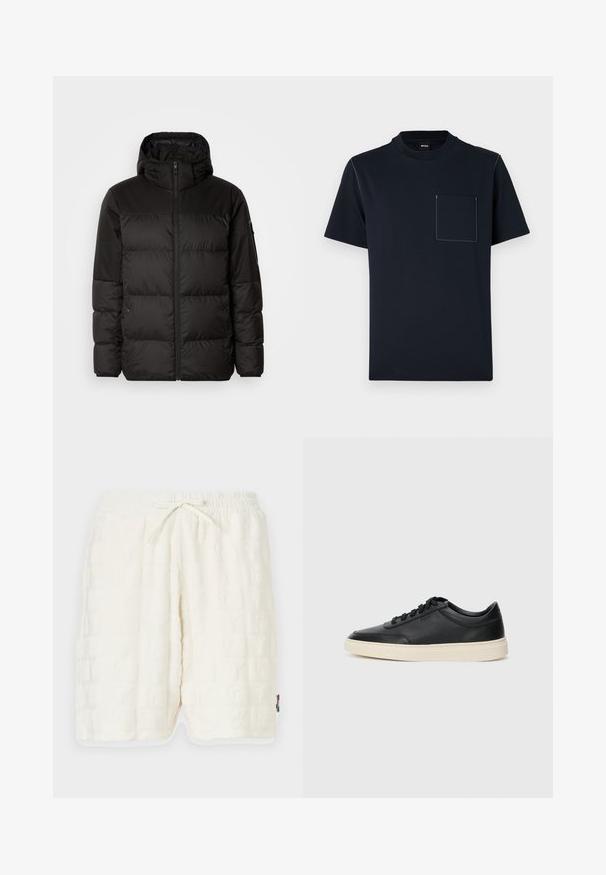 Schwarze Pufferjacke mit Reißverschluss, Kapuze, gesteppten Abschnitten und elastischen Bündchen, hergestellt aus einem glatten, wasserabweisenden Material.; Marineblaue, kurzärmlige T-Shirt aus Baumwolle mit Rundhalsausschnitt und einer Fronttasche, die mit kontrastierenden weißen Nähten verziert ist.; Weiße, strukturierte Shorts mit einem geprägten Muster. Elastischer Bund mit Kordelzug. Seitliche Taschen und kontrastierender Saum.; Schwarzer niedriger Ledersneaker mit schwarzen Schnürsenkeln und cremefarbenem Sohlenrand, seitlich auf weißem Hintergrund dargestellt.