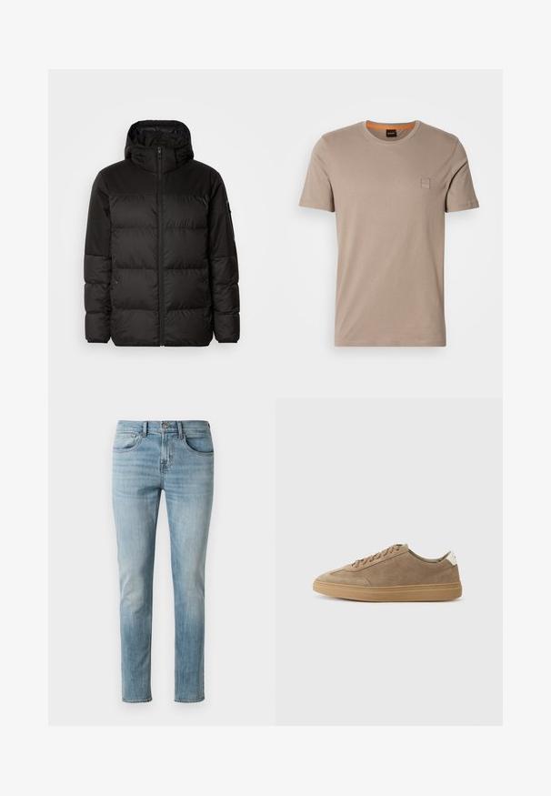 Sort pufferjakke med lynlås, hætte, quiltede sektioner og elastiske manchetter, lavet af et glat, vandafvisende materiale.; Beige kortærmet T-shirt med rund hals og et lille firkantet logo-patch på venstre bryst samt orange detalje på den indre krave.; Lyseblå jeans lavet af bomuld, med slim fit, fem-lomme design og lys falming med subtile vaskemønstre ved lårene.; Suedesneakers i lys brun med en gummisål. Har snøre-design og en minimalistisk stil, akcentueret af en hvid hælflap.