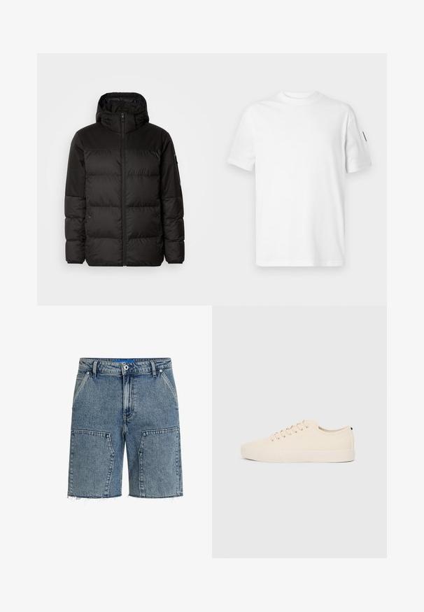 Juodas pūkinis švarkas turi užtrauktuką, gobtuvą, siūlinčius skyrius ir elastinius rankogalius, pagamintas iš lygaus, vandeniui atsparaus medžiagos.; Balta medvilnė marškinėliai su trumpomis rankovėmis ir apvaliu iškirpimu. Ant kairės rankovės yra mažas juodas logotipas. Švelni tekstūra, standartinis pritaikymas.; Šviesiai mėlyni džinsiniaišortai su laisvu siluetu, nusidėvėjusiu kraštu ir didelėmis priekinėmis kišenėmis. Pagaminti iš tekstūruoto džinsinio audinio.; Šviesiai rudos drobės sportbačiai su apvalia nosimi, plokščiu guminiu padu ir raišteliais priekyje. Pasižymi minimalizmu ir juodu akcentu kulne.