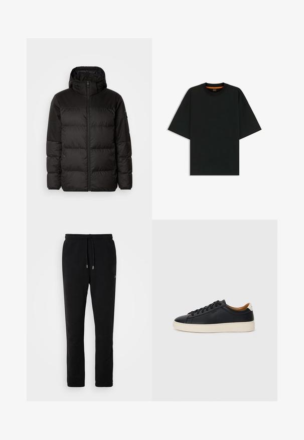 Musta puhvijakku sisältää vetoketjun, hupun, tilkuista koostuvia osioita ja joustavat hihansuut. Se on valmistettu sileästä, vedenpitävästä materiaalista.; Musta crew neck t-paita, joka on valmistettu sileästä kankaasta, lyhyet hihat ja hillitty oranssi sisäneckdetail. Laatikkomainen, rento malli.; Mustat collegehousut, jotka on valmistettu pehmeästä puuvillasta. Niissä on naru vyötäröllä, kapenevat lahkeet ja minimaalinen brändäys hillityssä suunnittelussa.; Mustat nahkasneakerit, joissa on sileä pinta, beige kumipohja, nauhakiinnitys ja erottuva kanta-aksentti.