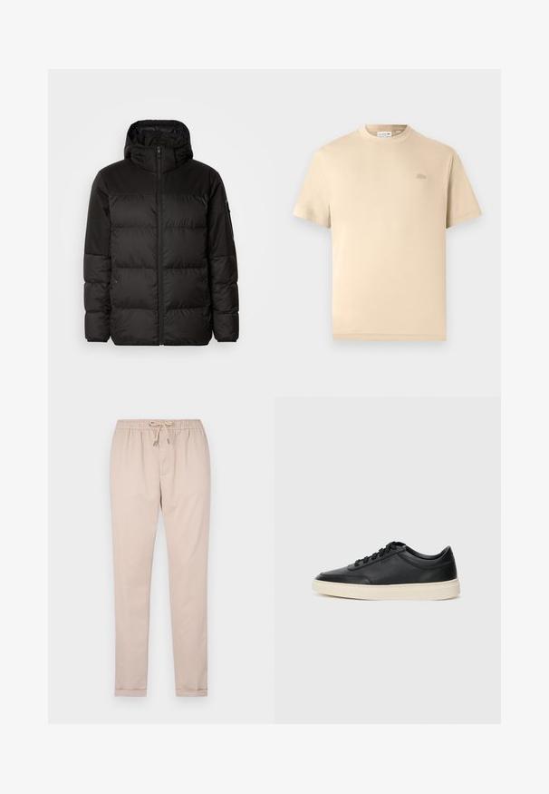 Črna zimska jakna ima zadrgo, kapuco, prešite odseke in elastične manšete, izdelana je iz gladkega, vodoodpornega materiala.; Lacoste Navadna majica - viennese; Svetlo bež hlače iz mehke tkanine, z elastiko v pasu in vrvico, zožene noge in obrubljeni robovi.; Črne nizke usnjene teniske s črnimi vezalkami in svetlo belo podplatom, prikazane v stranskem profilu na beli podlagi.