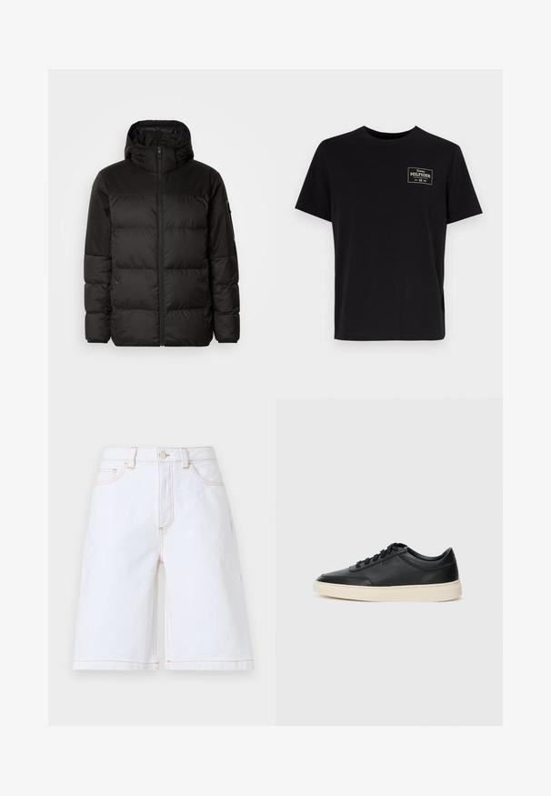 Čierna prešívaná bunda má zips, kapucňu, prešívané sekcie a elastické manžety, vyrobená z hladkého, vodeodolného materiálu.; Čierne bavlnené tričko s krátkymi rukávmi a okrúhlym výstrihom. Obsahuje obdĺžnikovú nášivku s logom v bielej a zlatej farbe na ľavej hornej strane hrudníka.; Biele denimové šortky so strihaním v rovnom strihu, piatimi vreckami a kontrastným tanou šitím. Zahrňuje predné zapínanie na gombík a zips.; Čierne nízkoprevádzkové kožené tenisky s čiernymi šnúrkami a krémovou podrážkou zobrazené v bočnom profile na bielom pozadí.