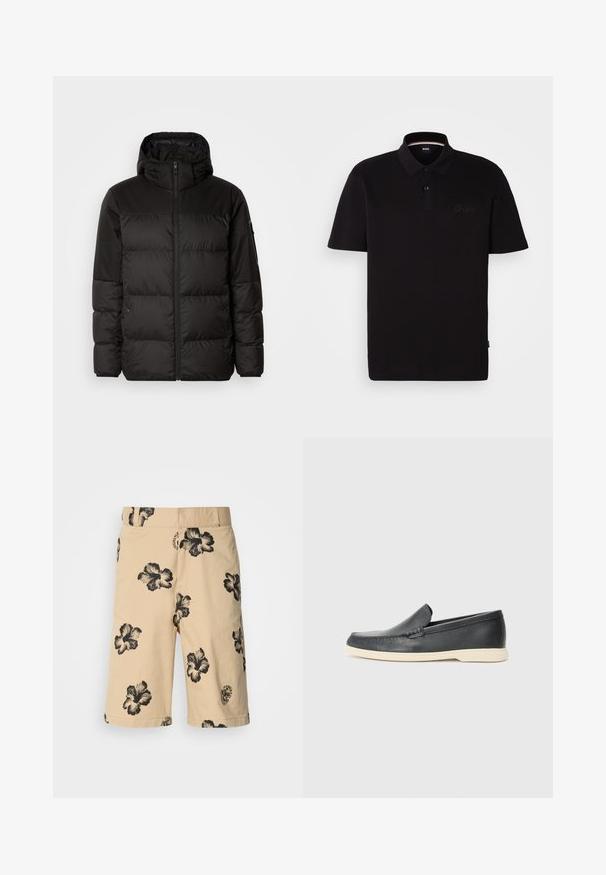 Black puffer jacket features a zip closure, a hood, quilted sections, and elastic cuffs, made from a smooth, water-resistant material.; Black polo shirt made of cotton, featuring a two-button placket, short sleeves, and embroidered logo on the left chest. Plain design.; Beige shorts with black hibiscus floral pattern. Features elastic waistband and a logo detail on the lower side. Made of lightweight fabric.; Black leather slip-on loafers with a textured finish and a contrasting beige rubber sole. Features a subtle accent along the front.