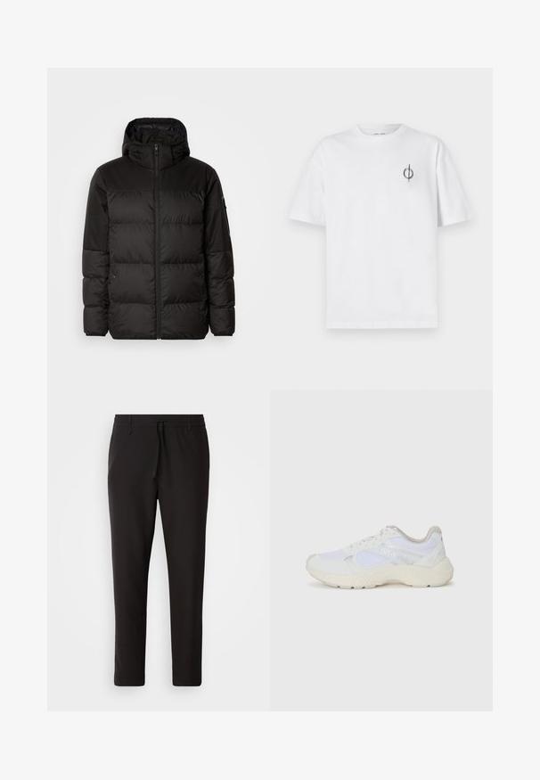 Μαύρο μπουφάν με φερμουάρ, κουκούλα, παραγεμισμένα τμήματα και ελαστικές μανσέτες, κατασκευασμένο από λείο, αδιάβροχο υλικό.; Λευκό βαμβακερό t-shirt με άνετη εφαρμογή, που διαθέτει ένα μικρό μαύρο γραφικό λογότυπο στην αριστερή πλευρά του στήθους. Βραχίονες κοντοί, στρογγυλή λαιμόκοψη.; Μαύρο παντελόνι τζόγκινγκ φτιαγμένο από λείο ύφασμα. Διαθέτει ελαστική μέση με κορδόνι, κωνικά πόδια και χωρίς ορατές τσέπες. Απλός σχεδιασμός.; Λευκά αθλητικά παπούτσια από πλέγμα και σουέτ, με υφή στη σόλα, υφές σε διάφορα σημεία και λογότυπο "HUGO" στο πλάι.